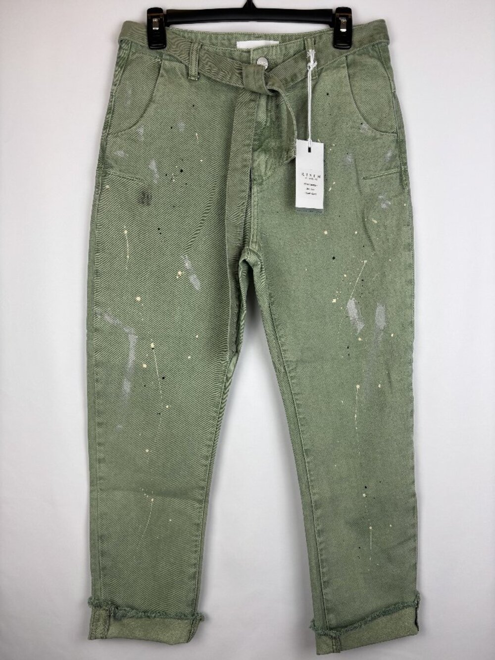25 Risen Jeans Slouch Jeans Green Pants Abstract Multicolor Paint Belted Rolled
